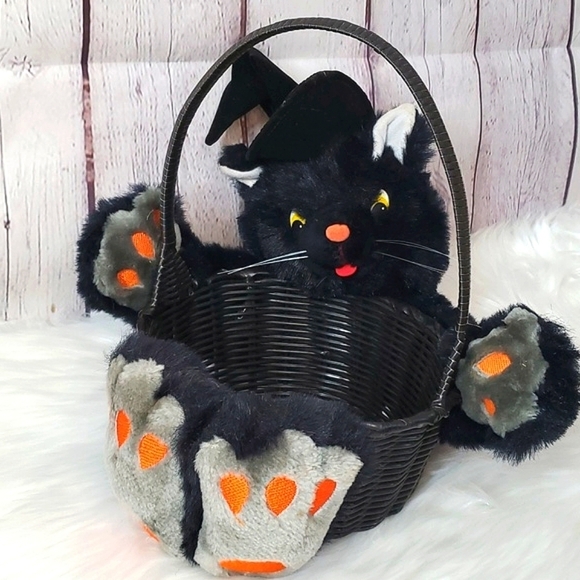 Vintage 90s Halloween Black Cat Witch Plush Stuffed Animal Wicker Candy Basket - Picture 6 of 12